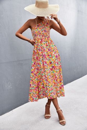 Sexy One Shoulder Floral Print Beach Sleeveless Elastic High Waist Boho Wedding Guest Dresses