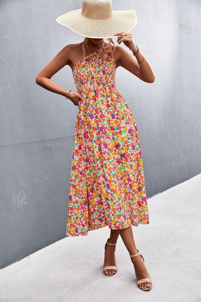 Sexy One Shoulder Floral Print Beach Sleeveless Elastic High Waist Boho Wedding Guest Dresses