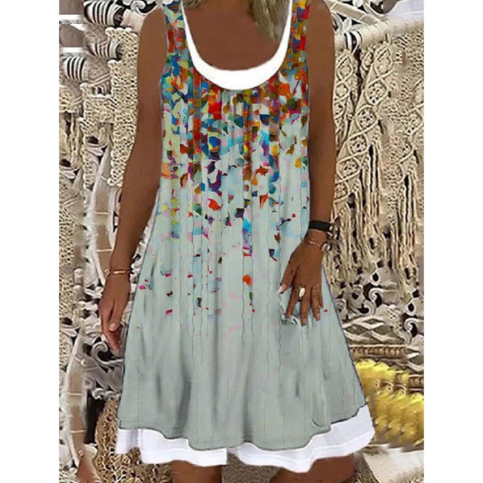 Butterfly Print Sleeveless Fake Two-piece Loose Casual Dress