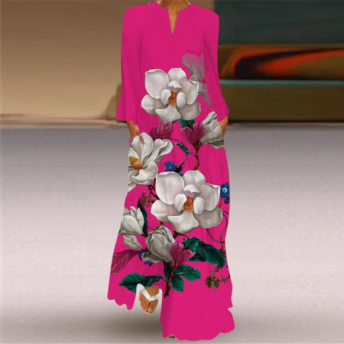 Vintage Print Fashion V Neck Long Sleeve Pocket Party Maxi Dress