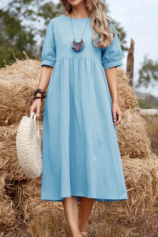 Fashion Solid Color Cotton Linen Loose O-Neck Casual  Maxi Dress