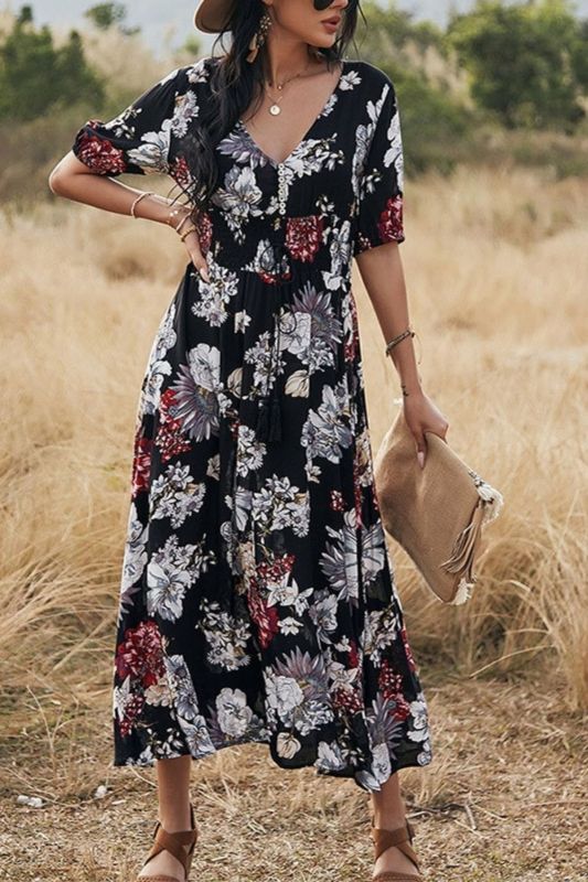 Sexy Floral Print V Neck Button Fitted Fringe Boho Wedding Guest Dresses