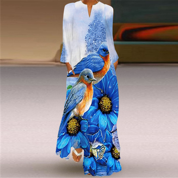 Vintage Print Fashion V Neck Long Sleeve Pocket Party Maxi Dress