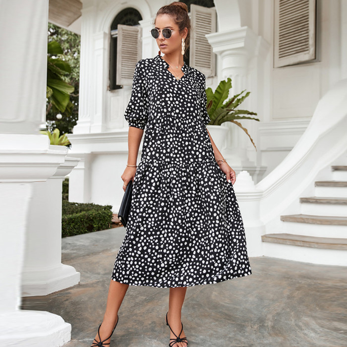 Polka-Dot V-Neck Loose Elegant High-Rise A-Line Ruffle Midi Dress