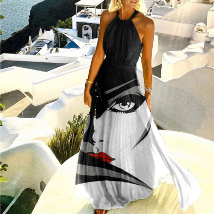 Vintage Print Loose Sexy Backless O-Neck Bohemian Fashion Elegant Wedding Guest Dresses