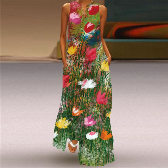 Ladies Casual Printed V Neck Holiday Beach Party Sleeveless A-Line Maxi Dress