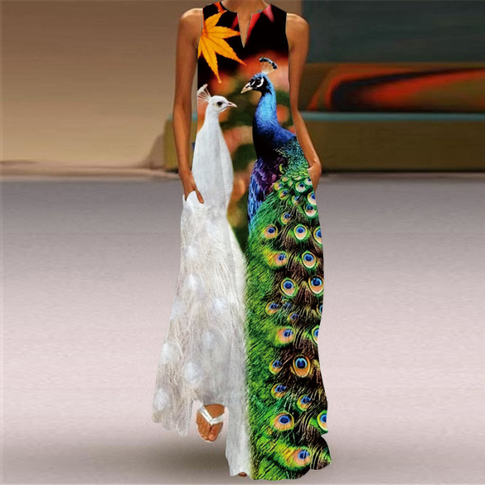 Trendy Sleeveless Print Beach Elegant V Neck Boho Party Wedding Guest Dresses