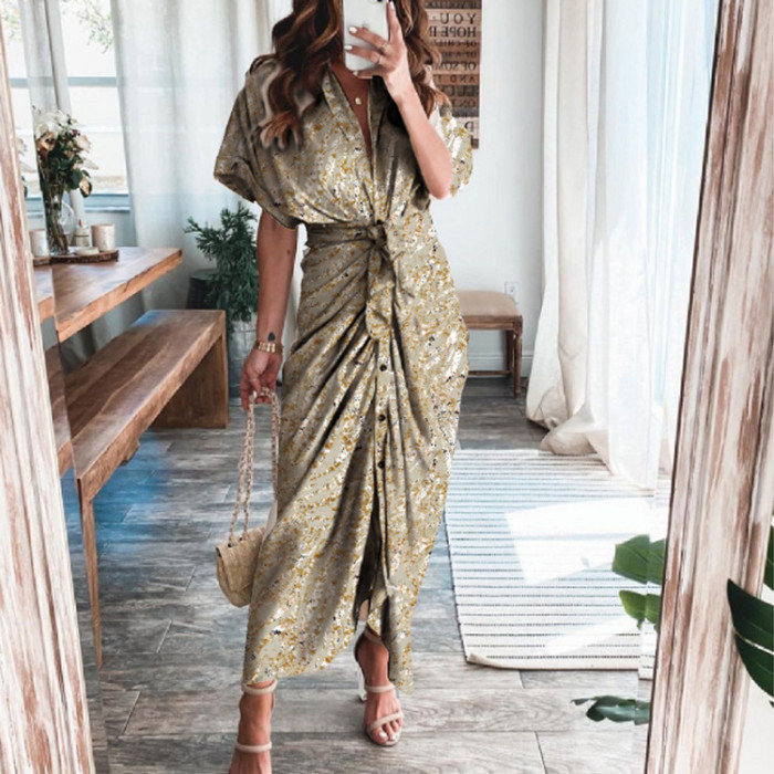 Elegant V Neck Ruffle Fashion Casual Print Beach Party Wedding Guest Dresses