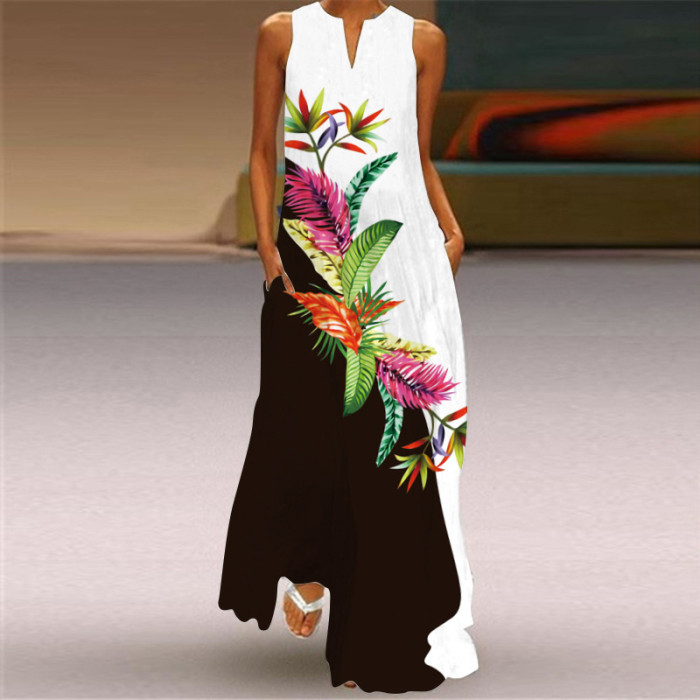 Fashion Long Printed Sleeveless Elegant V Neck Casual Wedding Guest Dresses