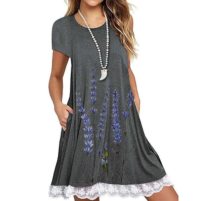 Lace Stitching Round Neck Elegant Party Fashion Irregular Casual Dress