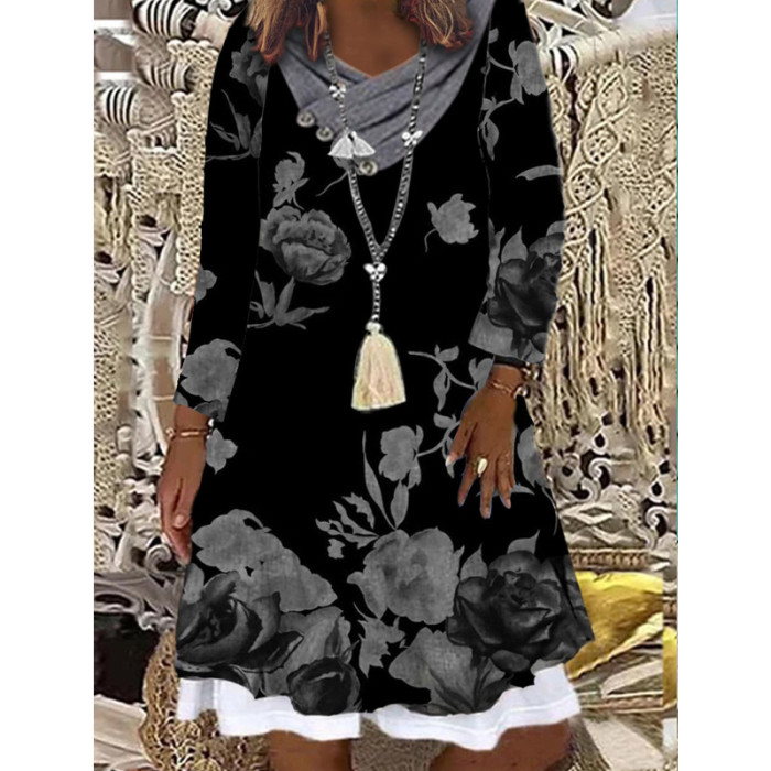 Trendy Bohemian Geometric Print Long Sleeves False Two Piece Casual Dress