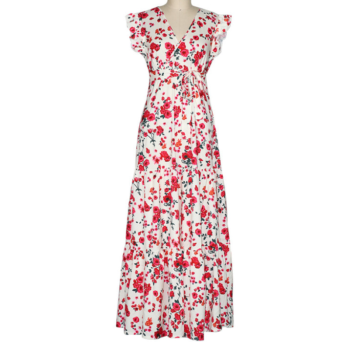 Fashion Print Casual V Neck High Waist Bohemian Ruffle Party Wedding Guest Dresses