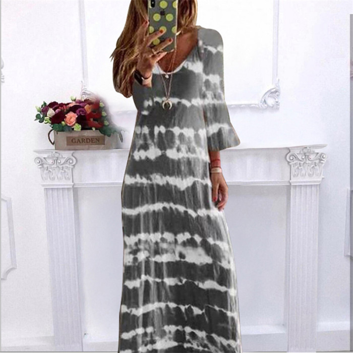 Fashionable V-neck Loose Casual Tie-Dye Printed Stripe  Maxi Dress