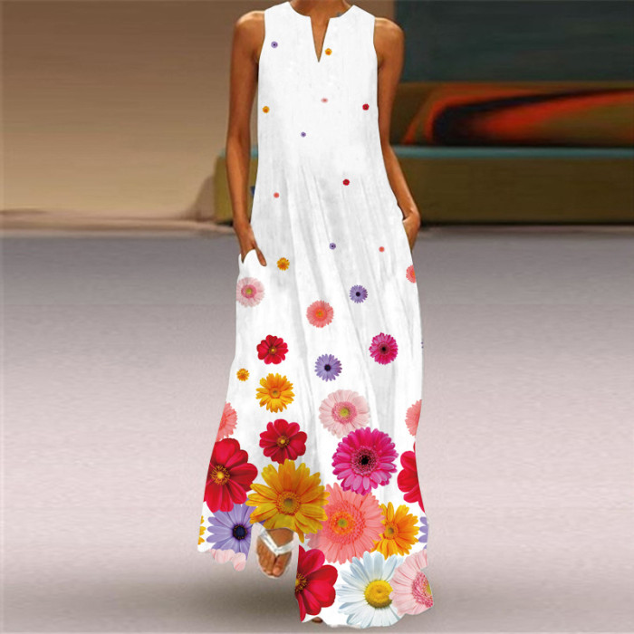 Ladies Casual Printed V Neck Holiday Beach Party Sleeveless A-Line Maxi Dress