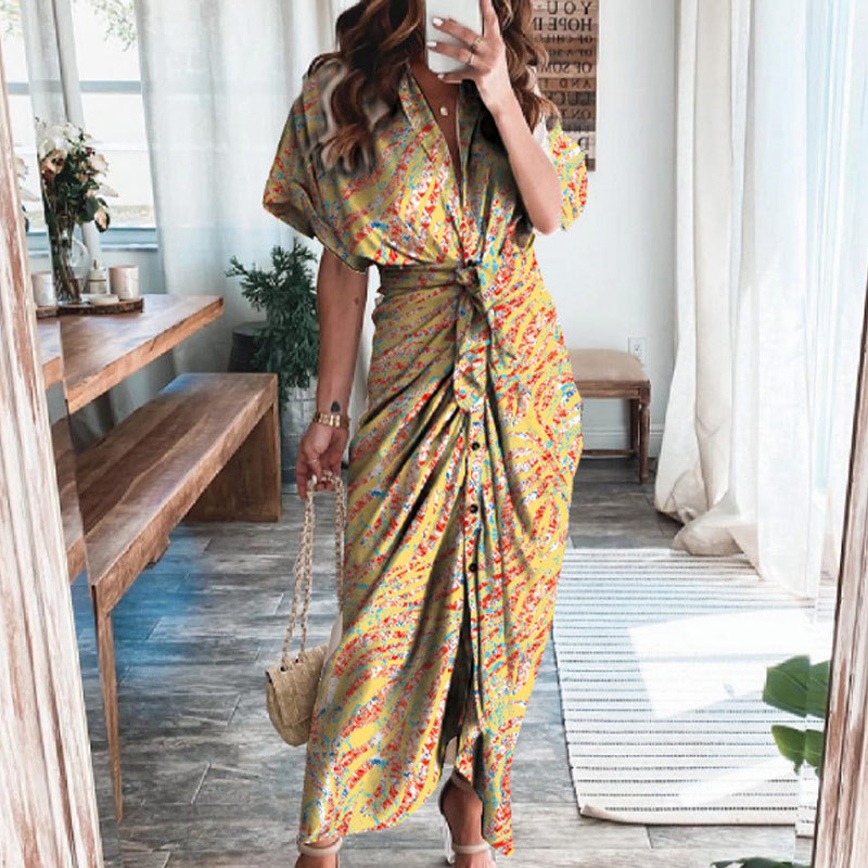 Elegant V Neck Ruffle Fashion Casual Print Beach Party Wedding Guest Dresses