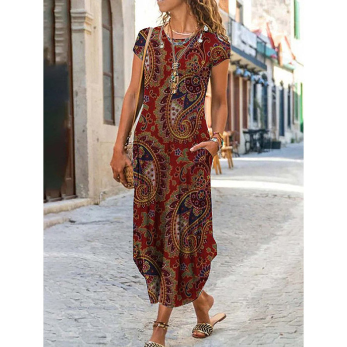 Slim Fit O-Neck Printed Bohemian Relaxed Linen  Maxi Dress