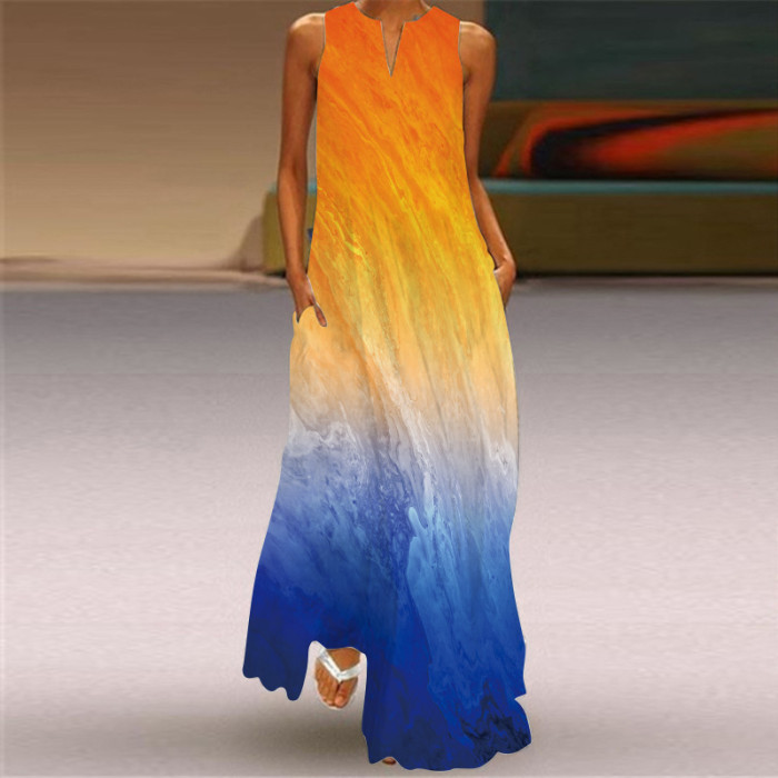 Ladies Casual Printed V Neck Holiday Beach Party Sleeveless A-Line Maxi Dress