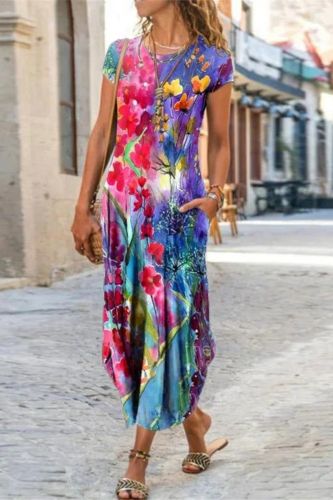 Fashion Floral Print Casual Short Sleeve Bohemian Retro Slim  Maxi Dress