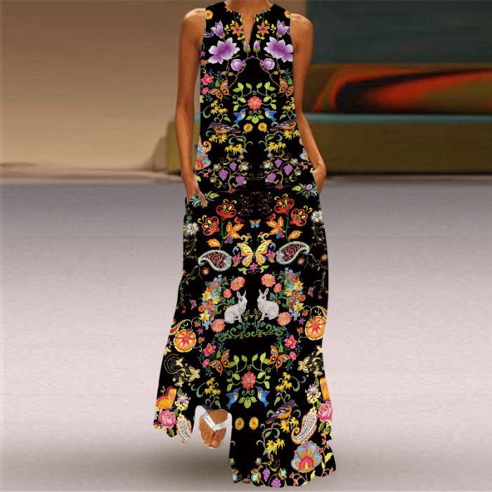 Ladies Casual Printed V Neck Holiday Beach Party Sleeveless A-Line Maxi Dress