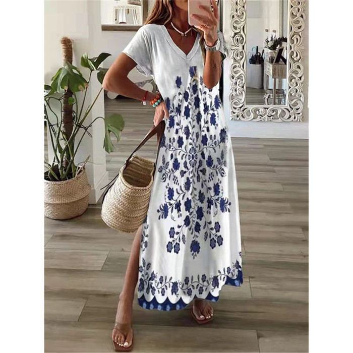 Fashion Floral Short Sleeve Elegant Party Loose Casual Maxi Dresses