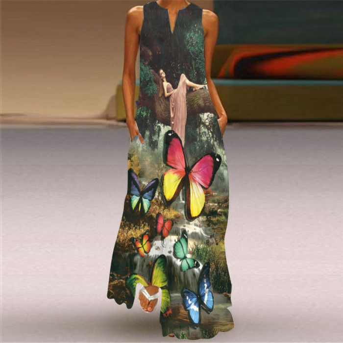 Fashion Long Printed Sleeveless Elegant V Neck Casual Wedding Guest Dresses