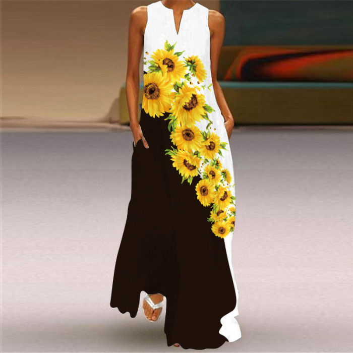 Fashion Long Printed Sleeveless Elegant V Neck Casual Wedding Guest Dresses