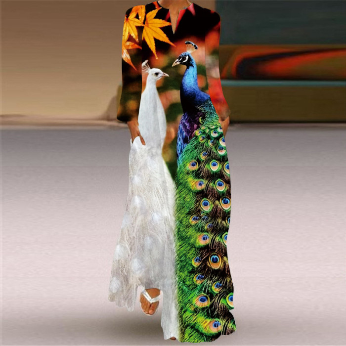 Vintage Print Fashion V Neck Long Sleeve Pocket Party Maxi Dress
