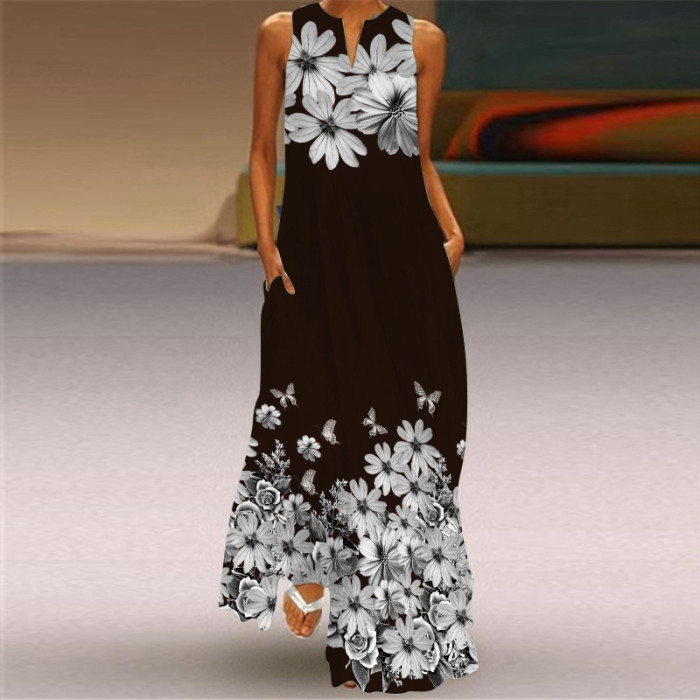 Ladies Casual Printed V Neck Holiday Beach Party Sleeveless A-Line Maxi Dress