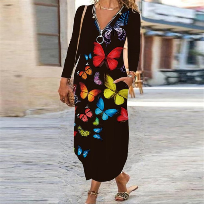 Sexy Boho Print Zipper Long Sleeve Loose Pocke Maxi Dress