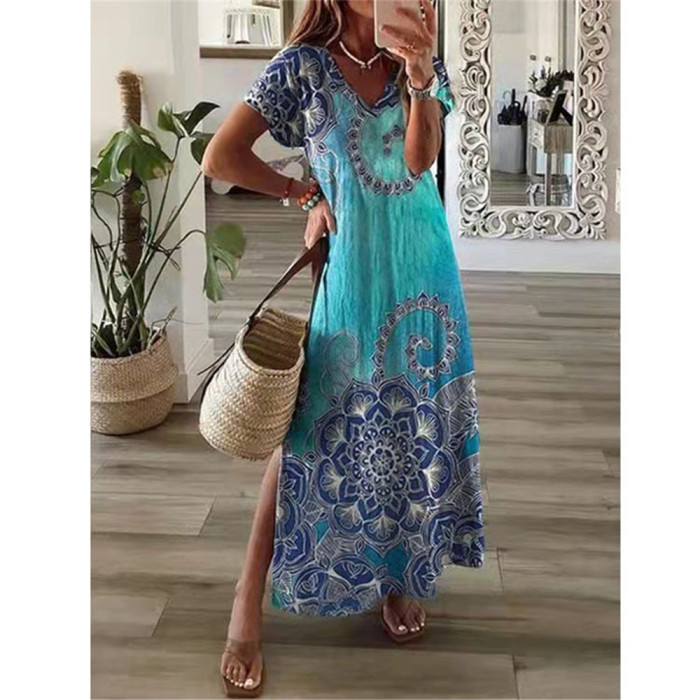 Fashion Floral Short Sleeve Elegant Party Loose Casual Maxi Dresses