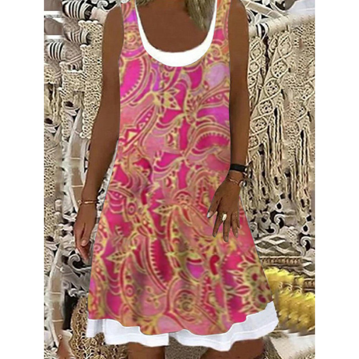 Fashion Butterfly Print Fake Two Piece Tank Top Bohemian Casual Dress