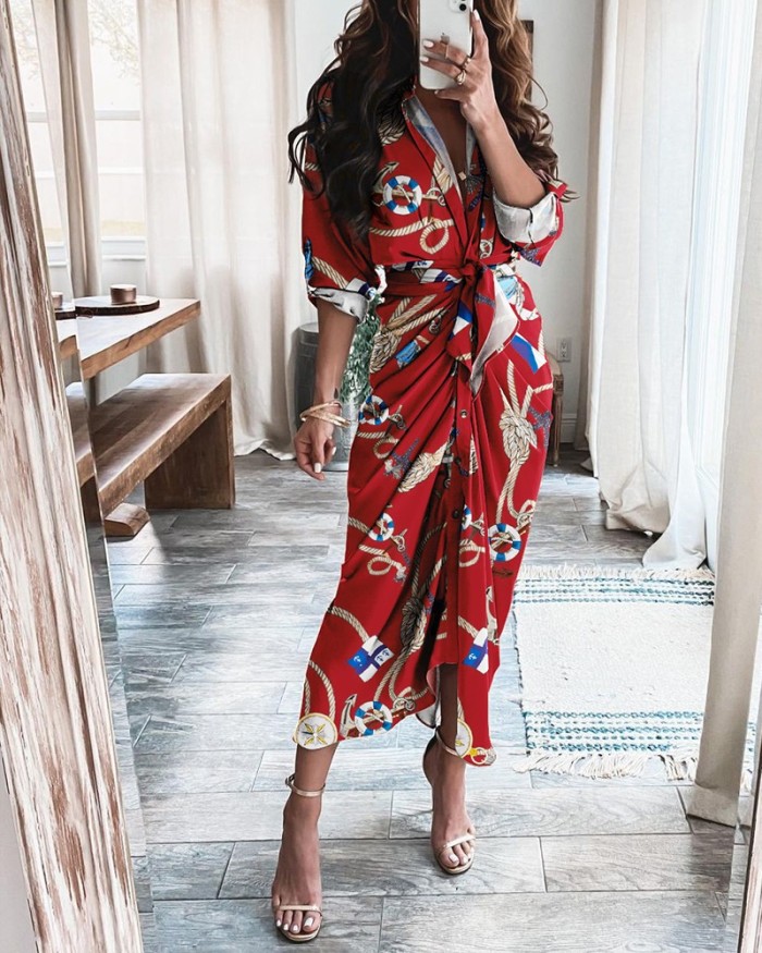 Elegant V Neck Ruffle Fashion Casual Print Beach Party Wedding Guest Dresses