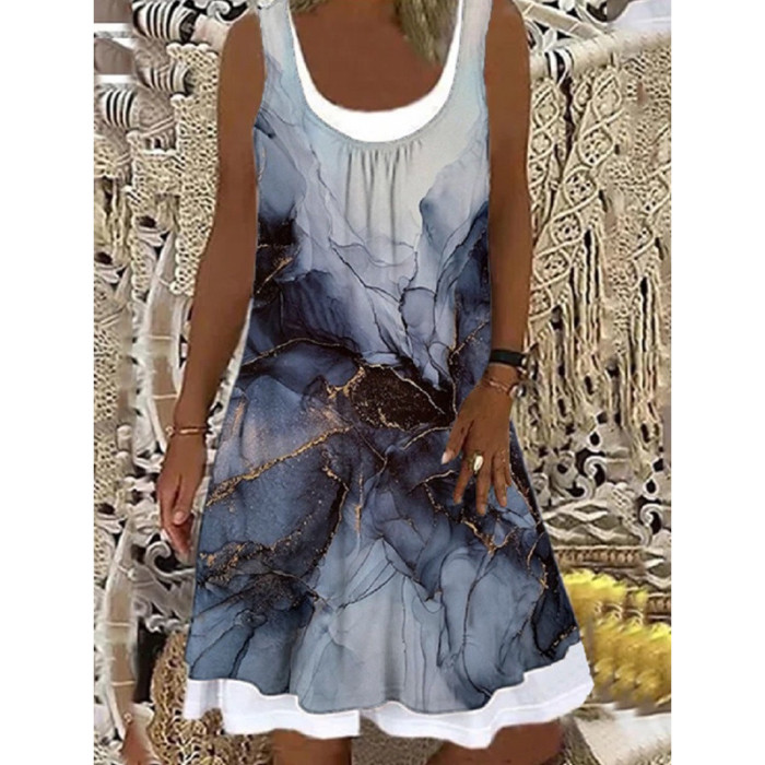 Butterfly Print Sleeveless Fake Two-piece Loose Casual Dress