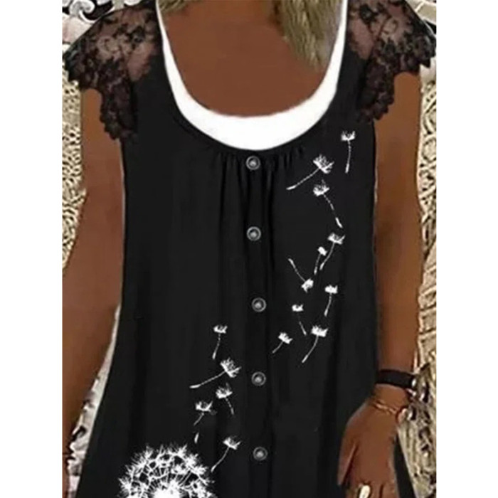 Sexy Lace Button O-Neck Print Casual Two-Piece Dress