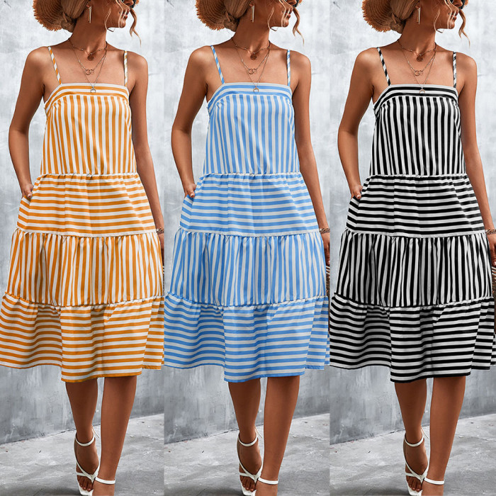 Sexy Striped Bohemian Beach Short Sleeve Loose Mini Casual  Maxi Dress
