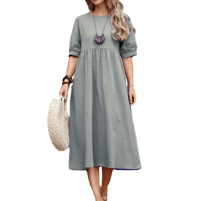 Fashion Solid Color Cotton Linen Loose O-Neck Casual  Maxi Dress