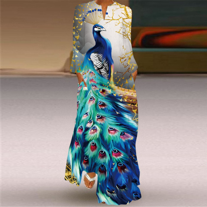 Vintage Print Fashion V Neck Long Sleeve Pocket Party Maxi Dress