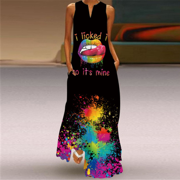 Fashion Long Printed Sleeveless Elegant V Neck Casual Wedding Guest Dresses