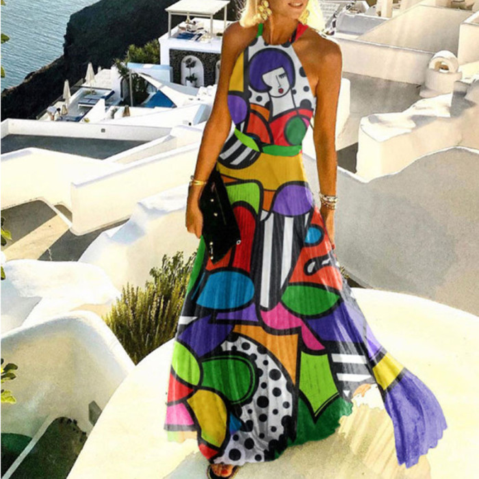Vintage Print Loose Sexy Backless O-Neck Bohemian Fashion Elegant Wedding Guest Dresses