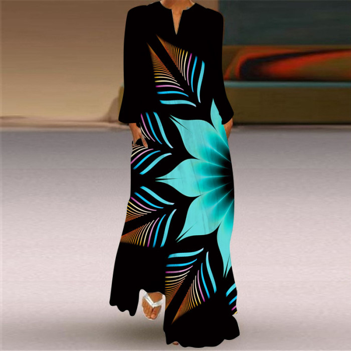 Vintage Print Fashion V Neck Long Sleeve Pocket Party Maxi Dress