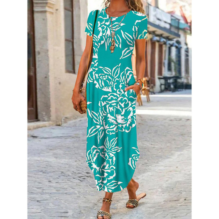 Slim Fit O-Neck Printed Bohemian Relaxed Linen  Maxi Dress