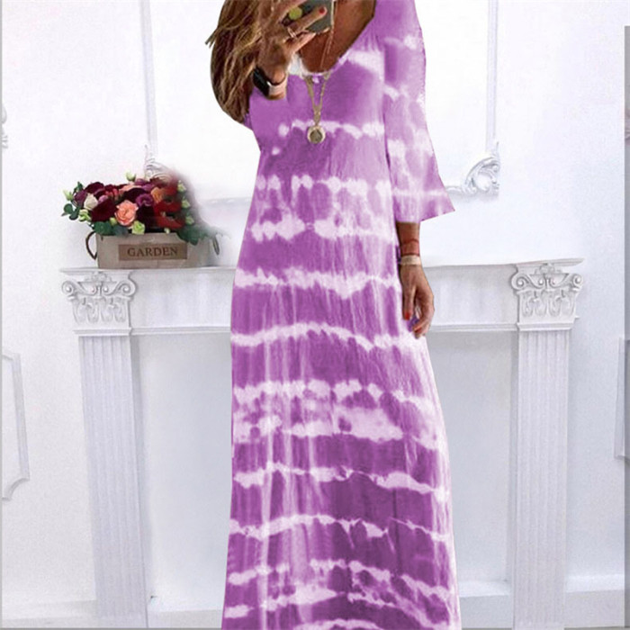 Fashionable V-neck Loose Casual Tie-Dye Printed Stripe  Maxi Dress