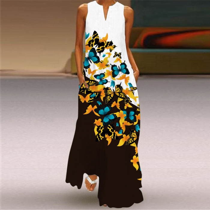 Fashion Long Printed Sleeveless Elegant V Neck Casual Wedding Guest Dresses