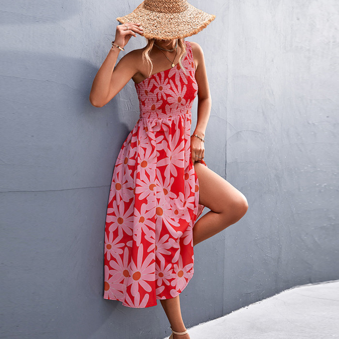 Sexy One Shoulder Floral Print Beach Sleeveless Elastic High Waist Boho Wedding Guest Dresses