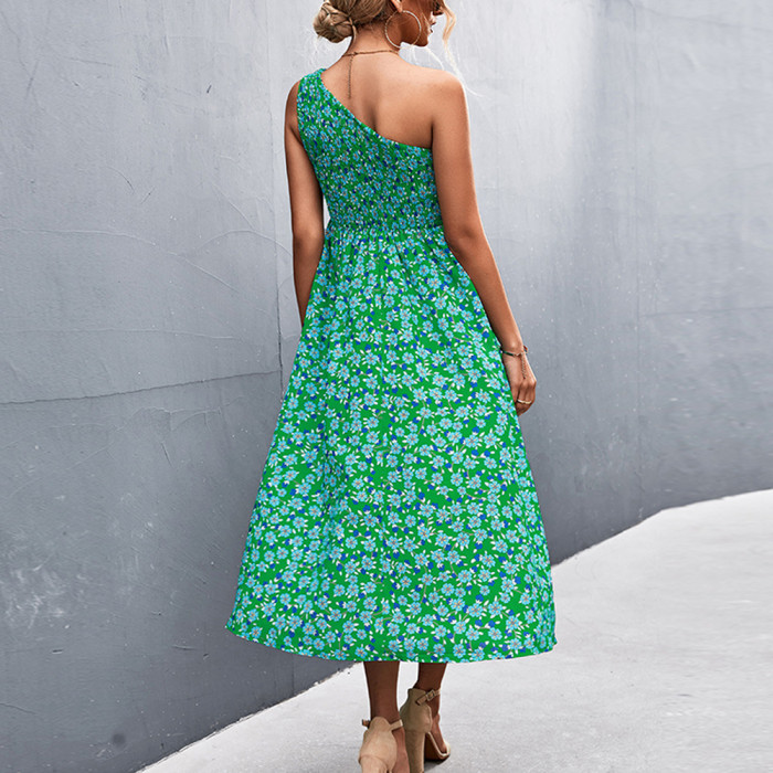 Sexy One Shoulder Floral Print Beach Sleeveless Elastic High Waist Boho Wedding Guest Dresses
