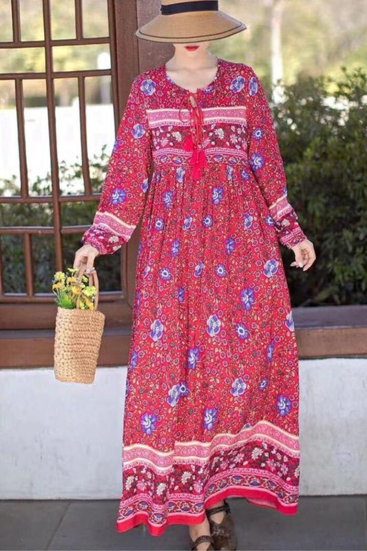 Trendy Long Sleeve Boho Vintage Elegant Printed O-Ring Fringe  Maxi Dress