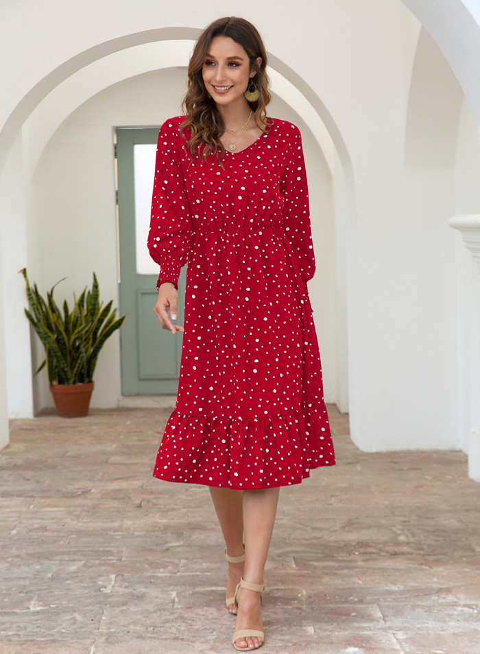 Polka Dot Print Casual V Neck Long Sleeve Fashion Bohemian Wedding Guest Dress