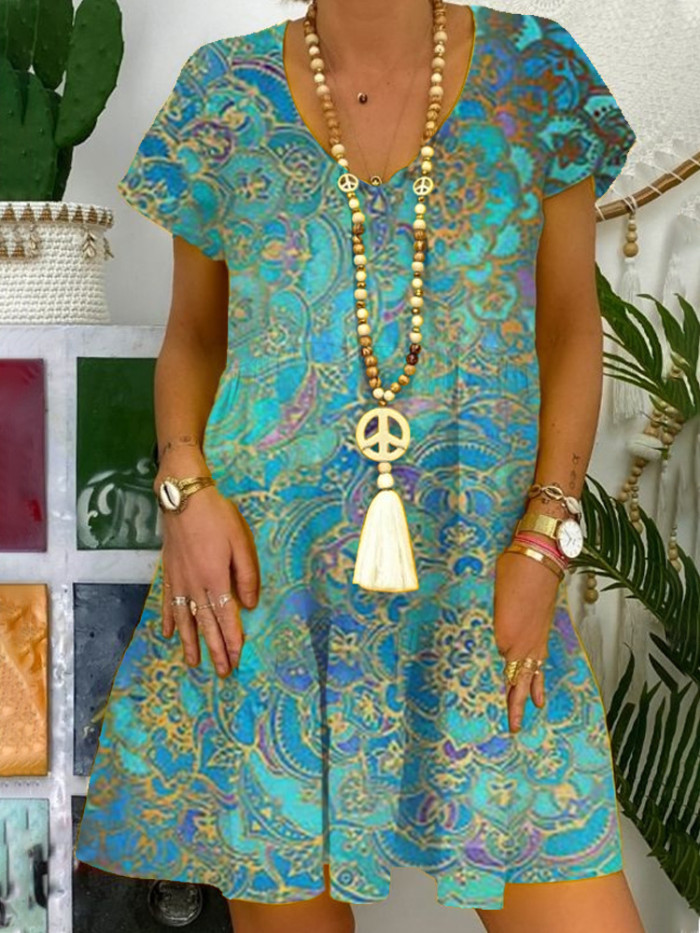 Sexy V Neck Floral Print Bohemian A-Line Loose Casual Dress