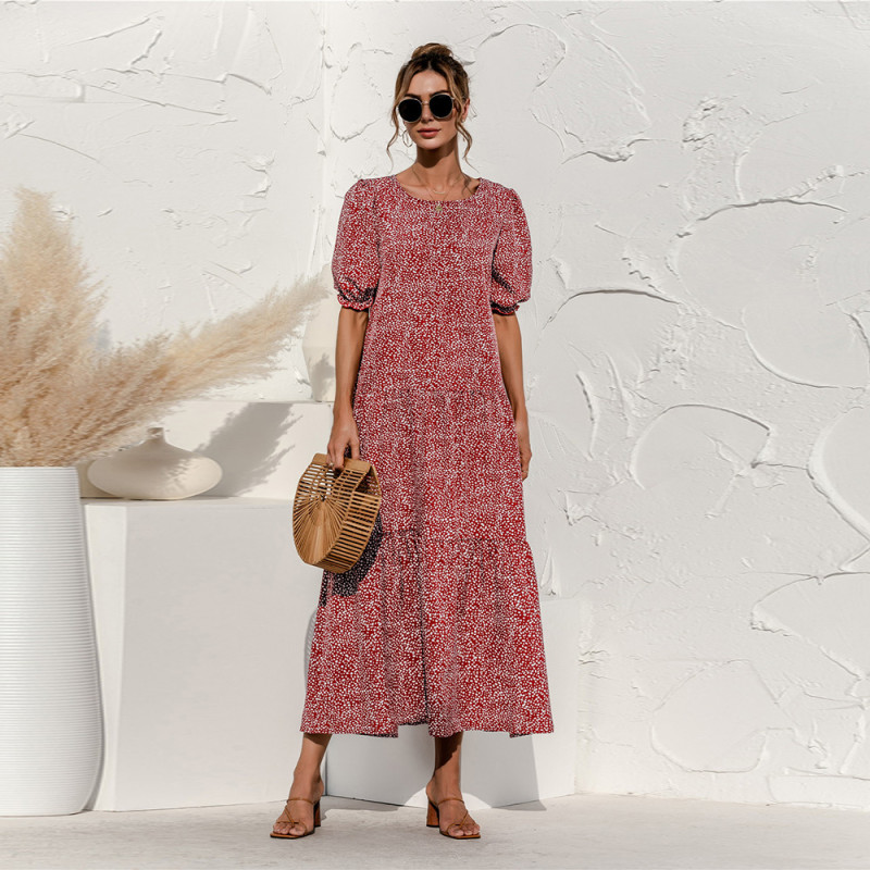 Fashion Polka Dot Print Elegant Puff Sleeves Casual Loose Holiday Party  Wedding Guest Dresses