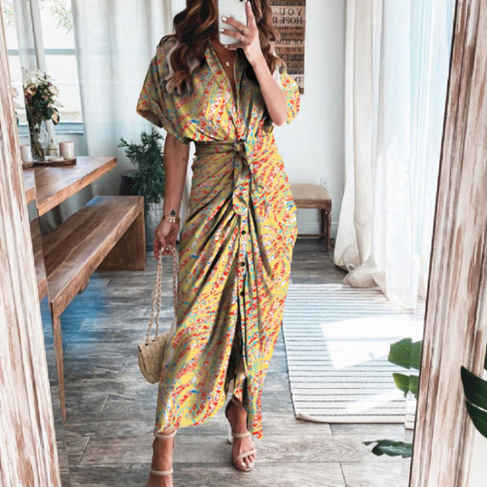 Elegant V Neck Ruffle Fashion Casual Print Beach Party Wedding Guest Dresses